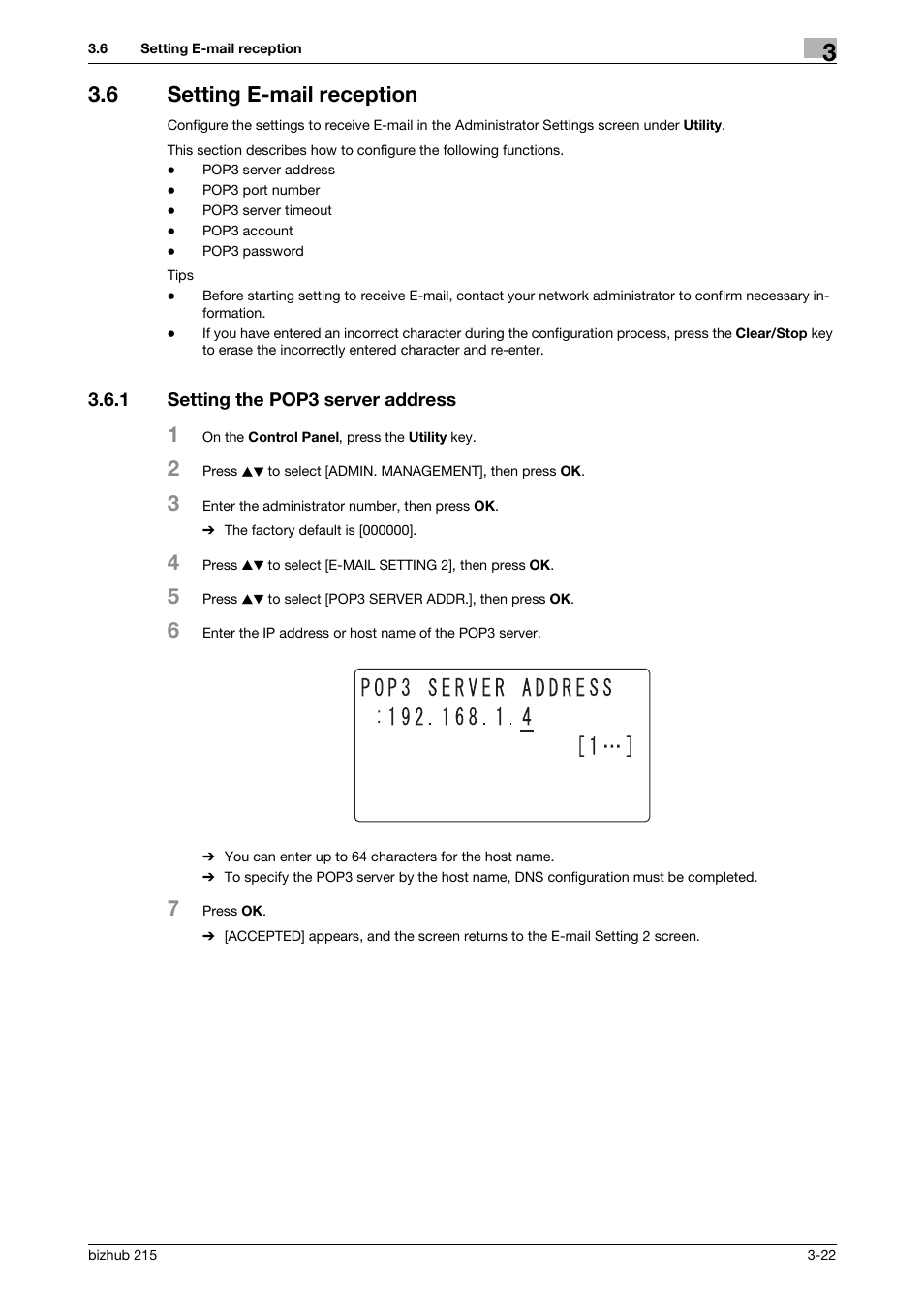 6 setting e-mail reception, 1 setting the pop3 server address, Setting e-mail reception -22 | Setting the pop3 server address -22 | Konica Minolta Bizhub 215 User Manual | Page 33 / 93