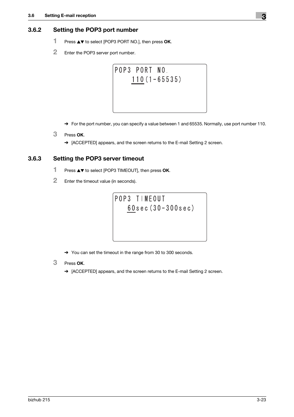 2 setting the pop3 port number, 3 setting the pop3 server timeout, Setting the pop3 port number -23 | Setting the pop3 server timeout -23 | Konica Minolta Bizhub 215 User Manual | Page 34 / 93