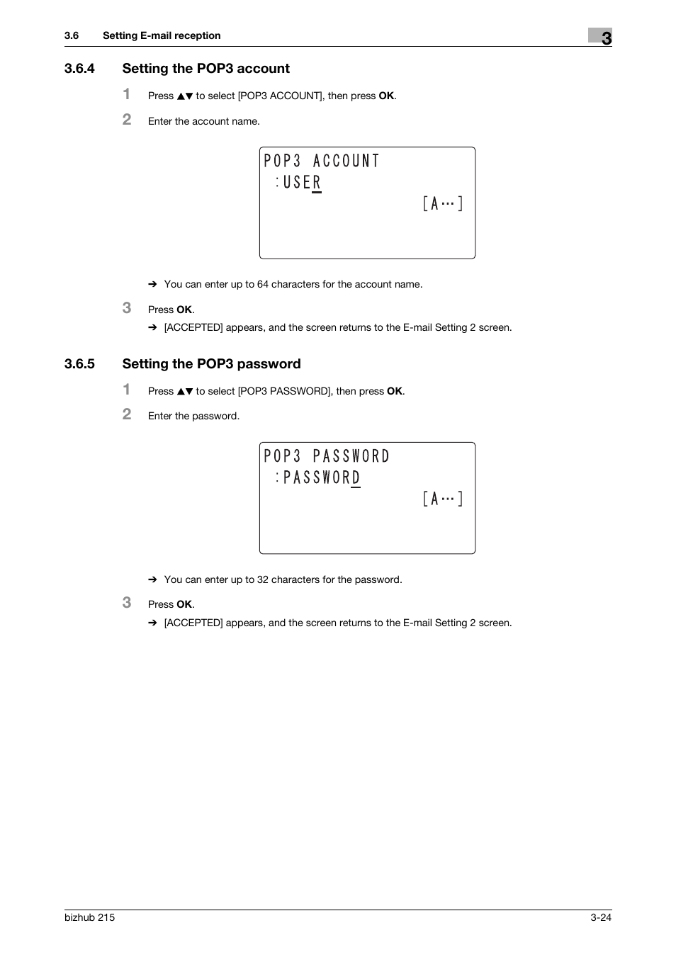 4 setting the pop3 account, 5 setting the pop3 password, Setting the pop3 account -24 | Setting the pop3 password -24 | Konica Minolta Bizhub 215 User Manual | Page 35 / 93