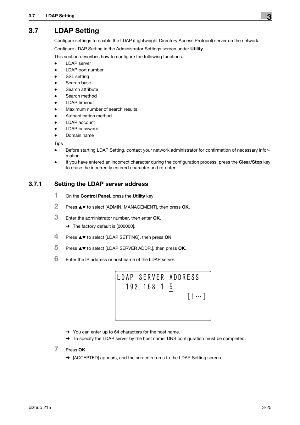 7 ldap setting, 1 setting the ldap server address, Ldap setting -25 | Setting the ldap server address -25 | Konica Minolta Bizhub 215 User Manual | Page 36 / 93