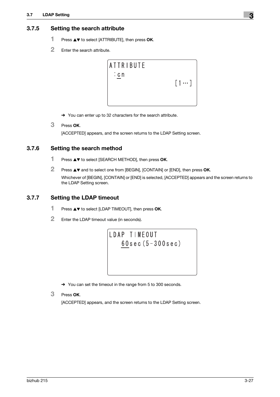 5 setting the search attribute, 6 setting the search method, 7 setting the ldap timeout | Setting the search attribute -27, Setting the search method -27, Setting the ldap timeout -27 | Konica Minolta Bizhub 215 User Manual | Page 38 / 93