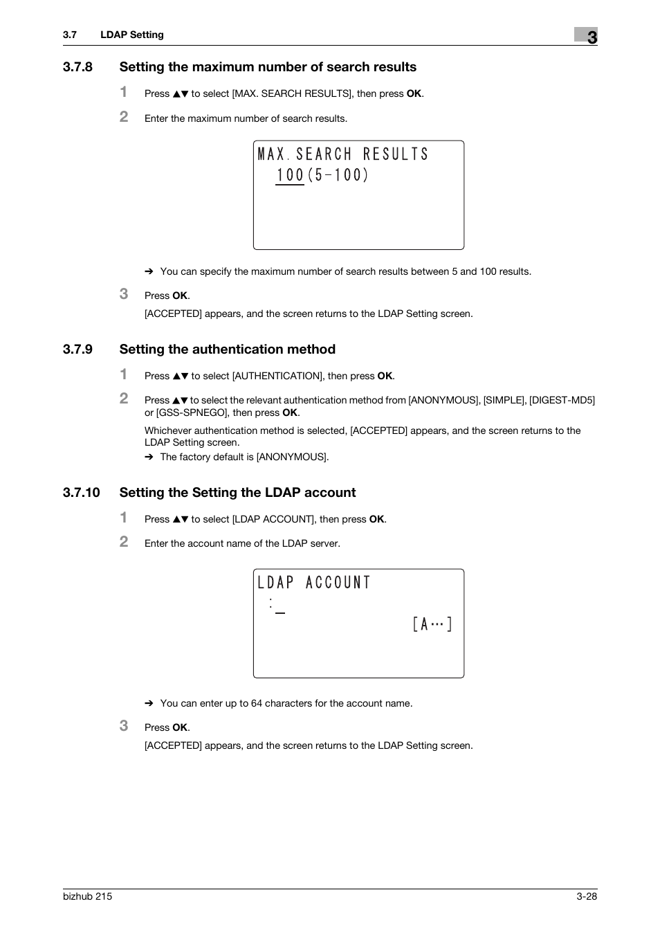 8 setting the maximum number of search results, 9 setting the authentication method, 10 setting the setting the ldap account | Setting the maximum number of search results -28, Setting the authentication method -28, Setting the setting the ldap account -28 | Konica Minolta Bizhub 215 User Manual | Page 39 / 93