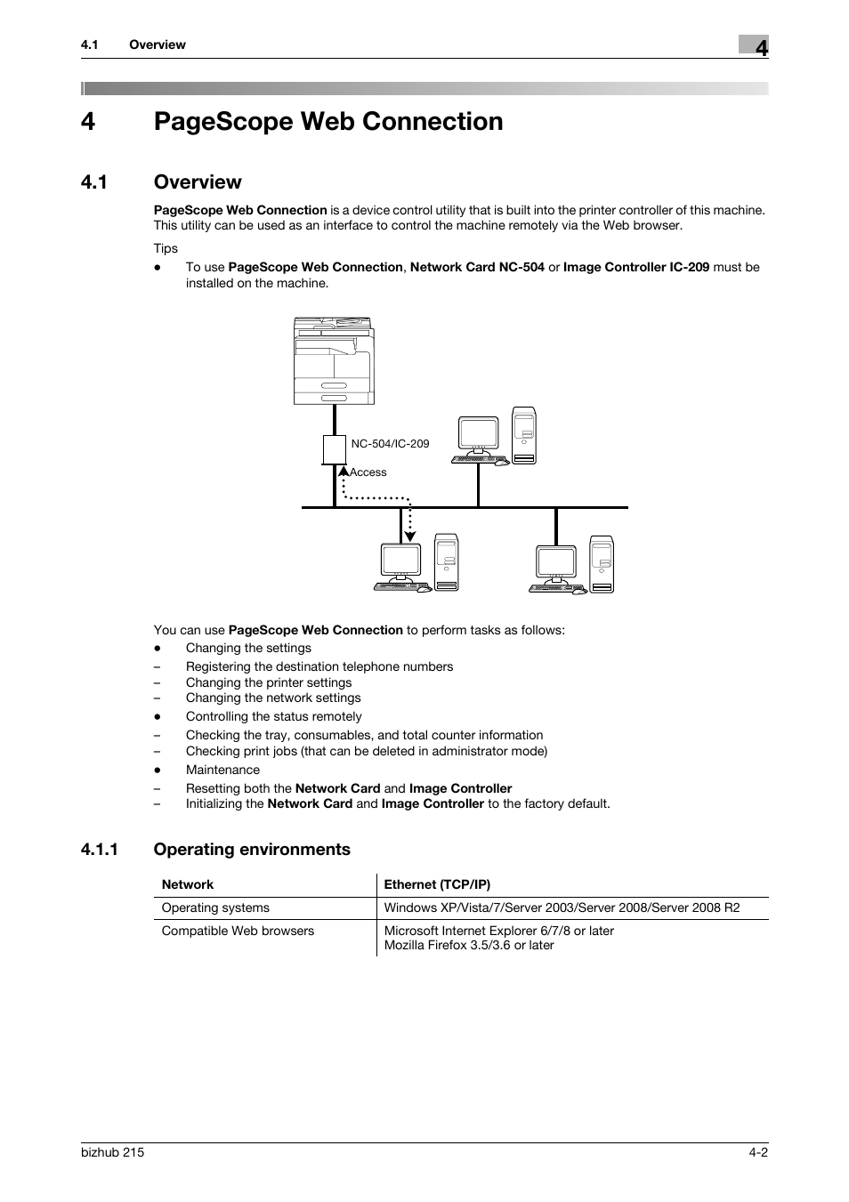 1 overview, 1 operating environments, Overview -2 | Operating environments -2, 4pagescope web connection | Konica Minolta Bizhub 215 User Manual | Page 42 / 93