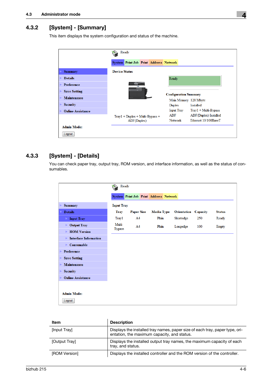 2 [system] - [summary, 3 [system] - [details, System] - [summary] -6 | System] - [details] -6 | Konica Minolta Bizhub 215 User Manual | Page 46 / 93