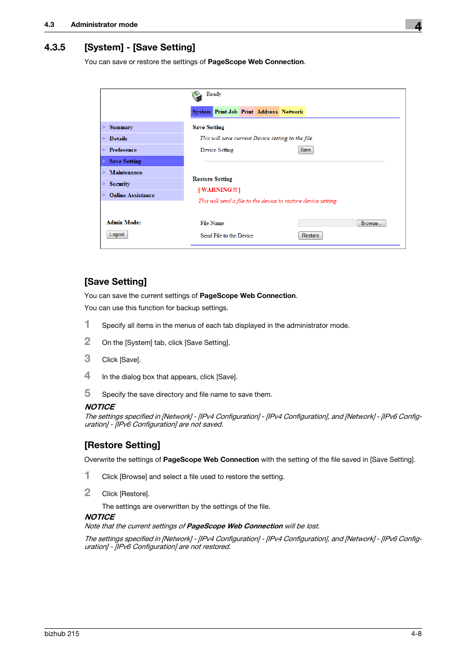 5 [system] - [save setting, Save setting, Restore setting | Konica Minolta Bizhub 215 User Manual | Page 48 / 93