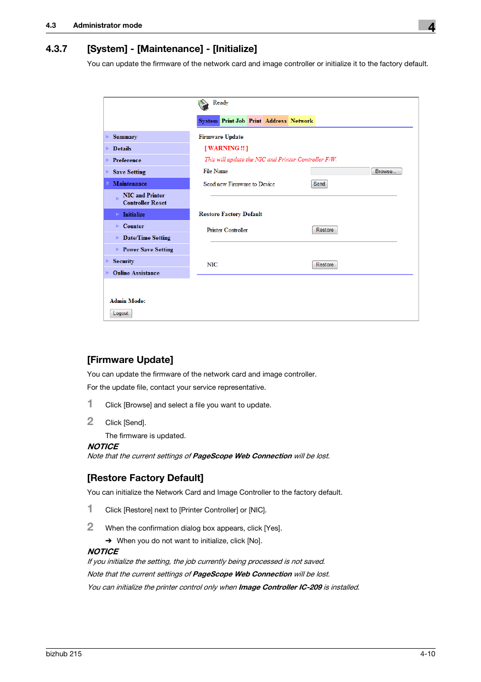 7 [system] - [maintenance] - [initialize, Firmware update, Restore factory default | Konica Minolta Bizhub 215 User Manual | Page 50 / 93