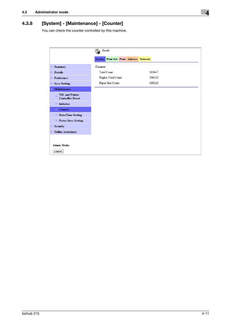 8 [system] - [maintenance] - [counter, System] - [maintenance] - [counter] -11 | Konica Minolta Bizhub 215 User Manual | Page 51 / 93