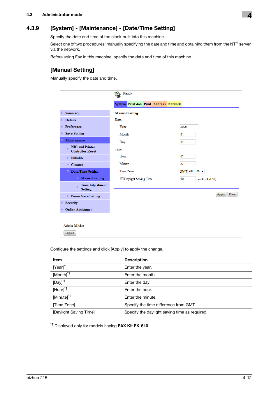 9 [system] - [maintenance] - [date/time setting, Manual setting | Konica Minolta Bizhub 215 User Manual | Page 52 / 93