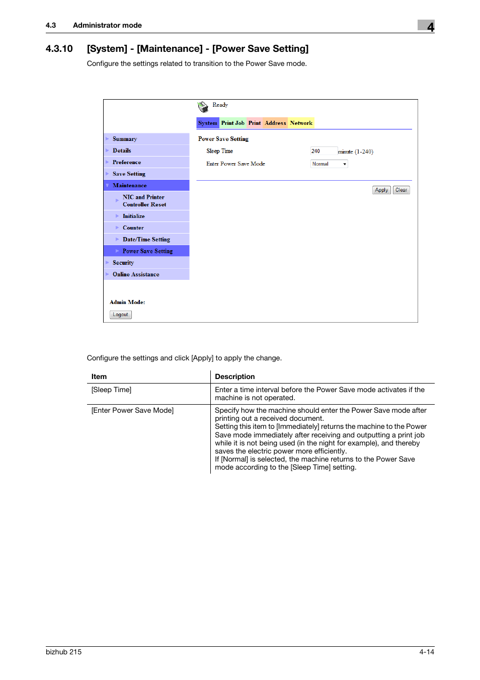 10 [system] - [maintenance] - [power save setting, System] - [maintenance] - [power save setting] -14 | Konica Minolta Bizhub 215 User Manual | Page 54 / 93