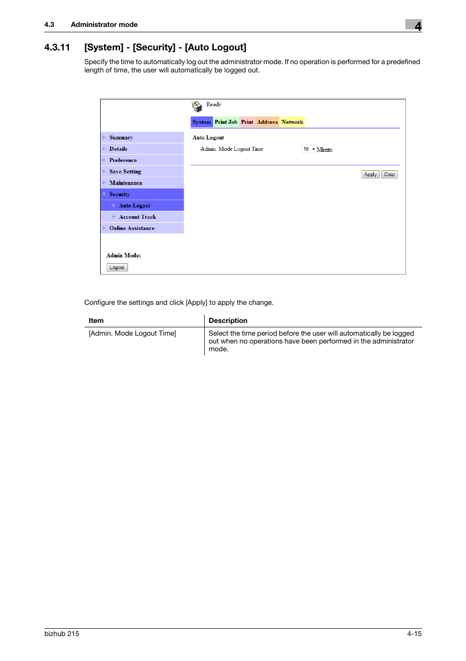 11 [system] - [security] - [auto logout, System] - [security] - [auto logout] -15 | Konica Minolta Bizhub 215 User Manual | Page 55 / 93