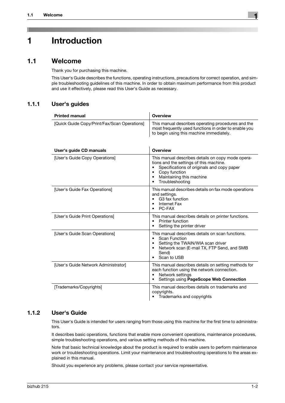 1 introduction, 1 welcome, 1 user's guides | 2 user's guide, Introduction, Welcome -2, User's guides -2, User's guide -2, 1introduction, 1 user's guides 1.1.2 user's guide | Konica Minolta Bizhub 215 User Manual | Page 6 / 93