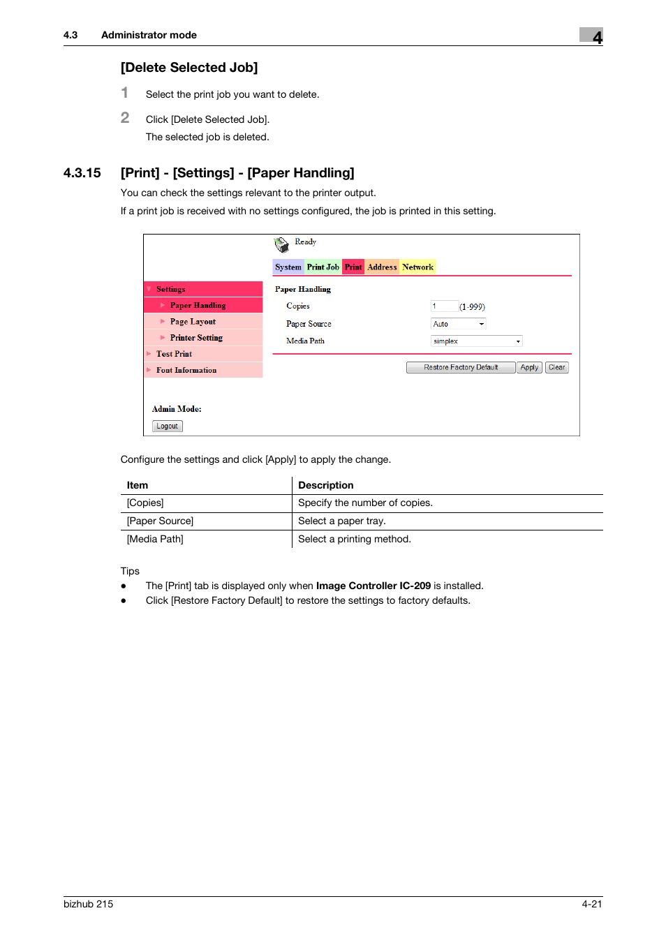 Delete selected job, 15 [print] - [settings] - [paper handling, Delete selected job] -21 | Print] - [settings] - [paper handling] -21 | Konica Minolta Bizhub 215 User Manual | Page 61 / 93