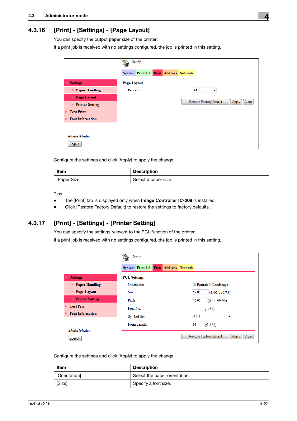 17 [print] - [settings] - [printer setting, Print] - [settings] - [printer setting] -22, 16 [print] - [settings] - [page layout | Konica Minolta Bizhub 215 User Manual | Page 62 / 93