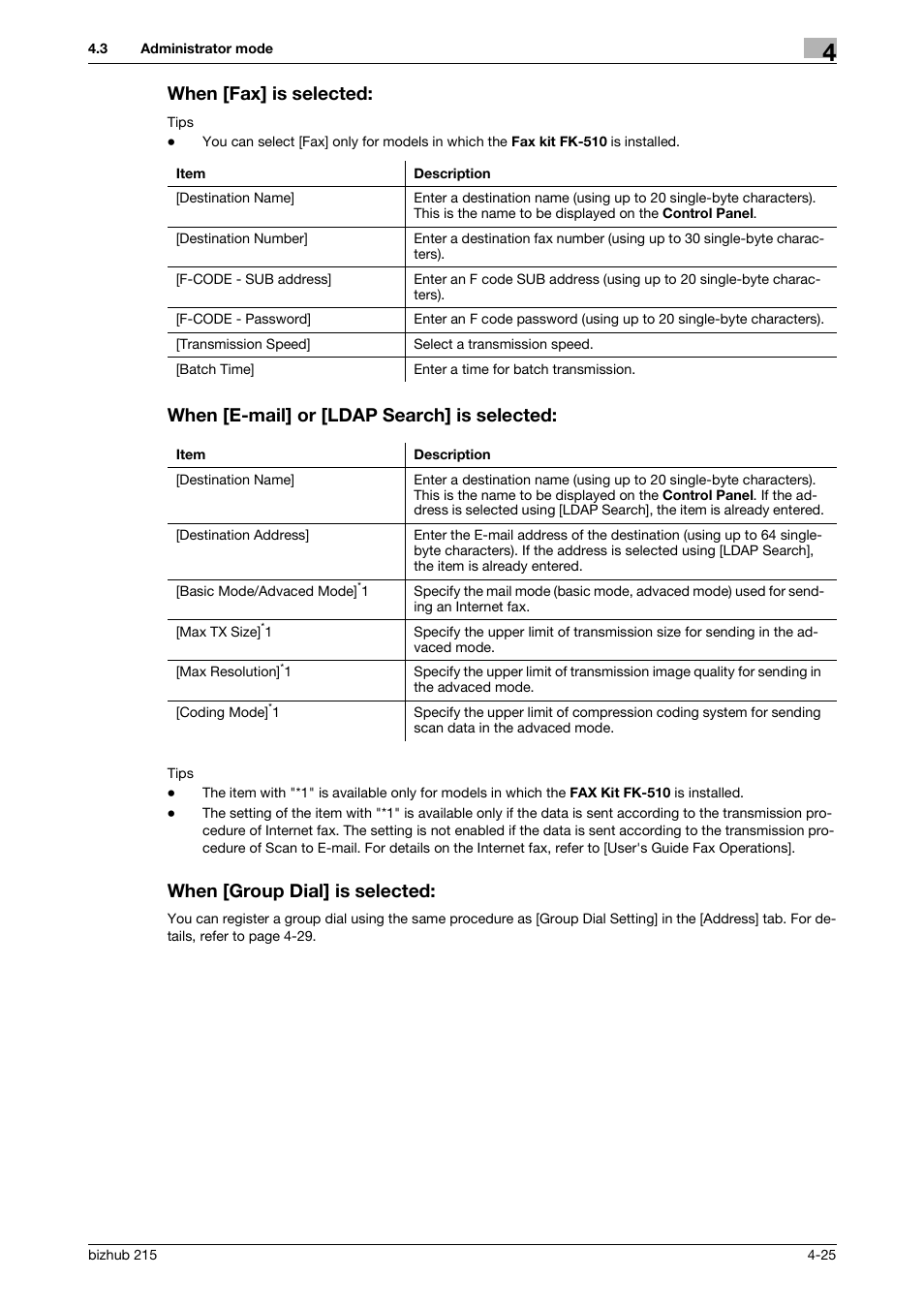 When [fax] is selected, When [e-mail] or [ldap search] is selected, When [group dial] is selected | Konica Minolta Bizhub 215 User Manual | Page 65 / 93