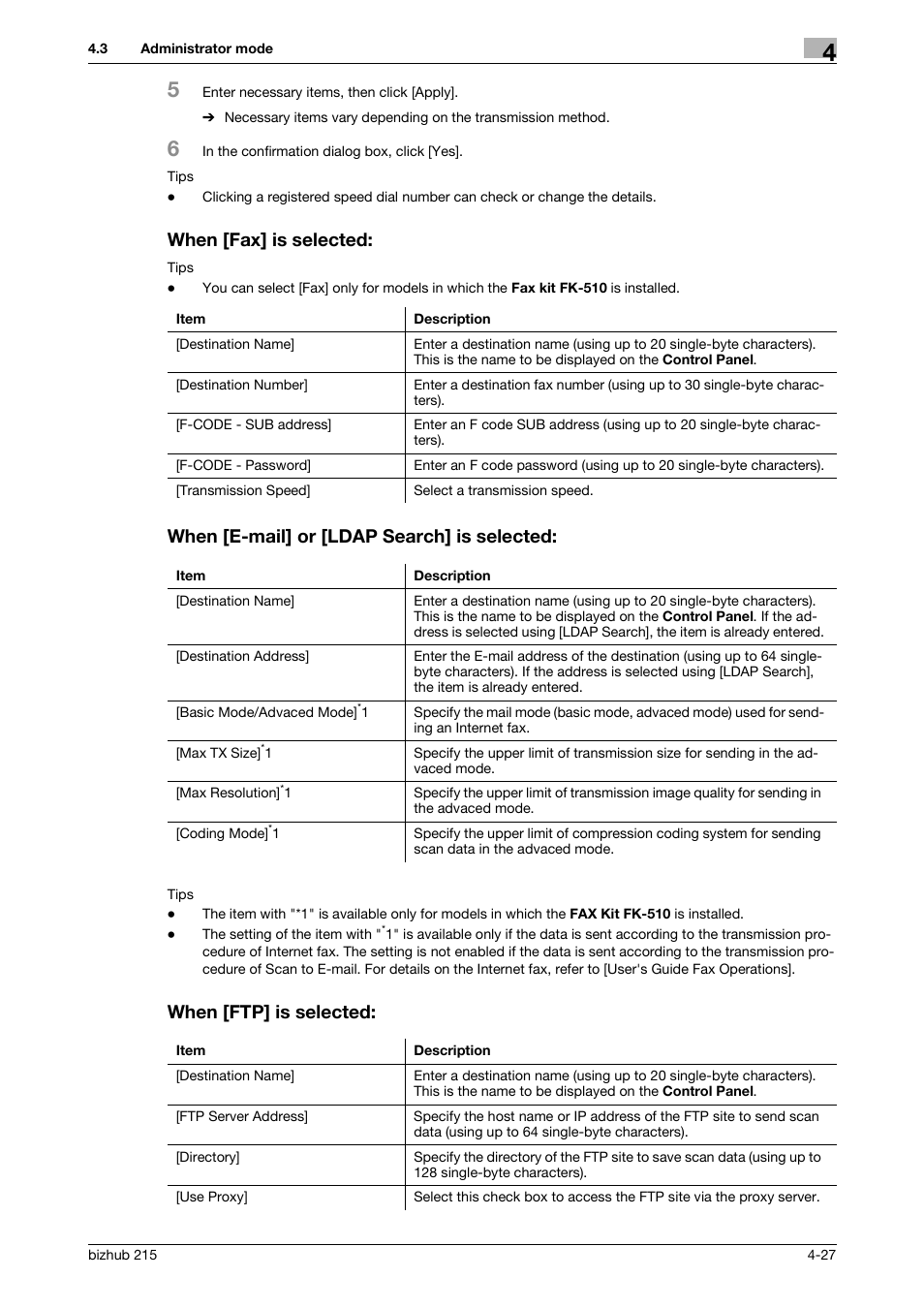 When [fax] is selected, When [e-mail] or [ldap search] is selected, When [ftp] is selected | Konica Minolta Bizhub 215 User Manual | Page 67 / 93