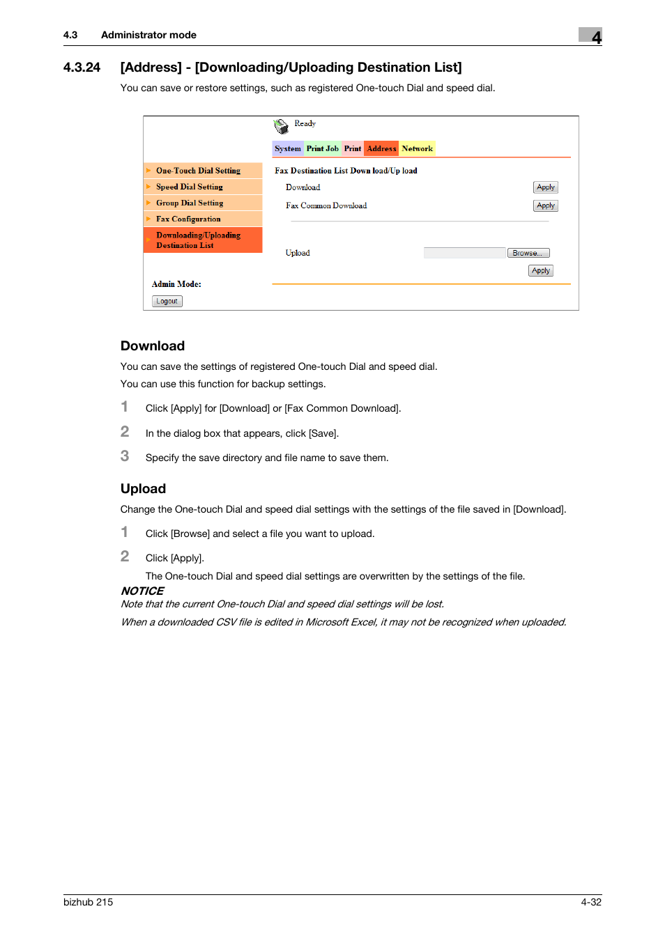 Download, Upload | Konica Minolta Bizhub 215 User Manual | Page 72 / 93