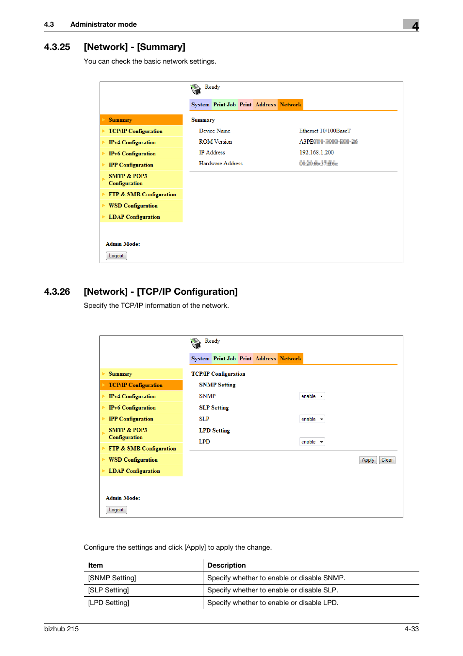 25 [network] - [summary, 26 [network] - [tcp/ip configuration, Network] - [summary] -33 | Network] - [tcp/ip configuration] -33 | Konica Minolta Bizhub 215 User Manual | Page 73 / 93