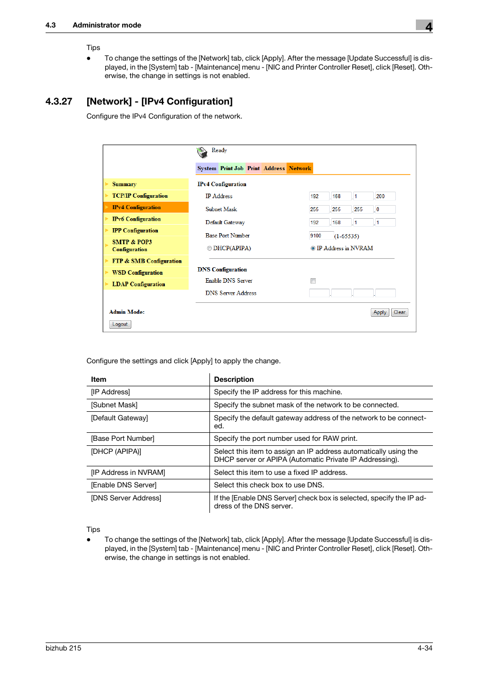 27 [network] - [ipv4 configuration, Network] - [ipv4 configuration] -34 | Konica Minolta Bizhub 215 User Manual | Page 74 / 93