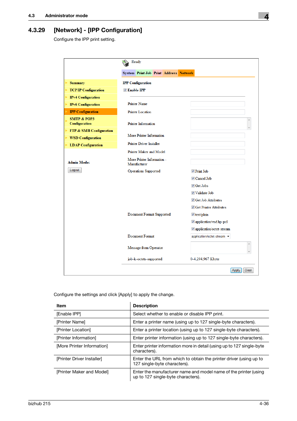 29 [network] - [ipp configuration, Network] - [ipp configuration] -36 | Konica Minolta Bizhub 215 User Manual | Page 76 / 93