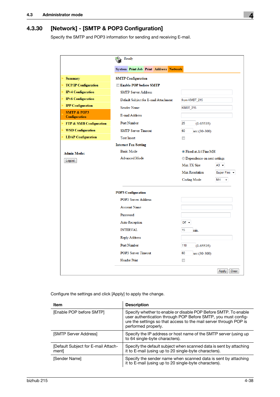 30 [network] - [smtp & pop3 configuration, Network] - [smtp & pop3 configuration] -38 | Konica Minolta Bizhub 215 User Manual | Page 78 / 93