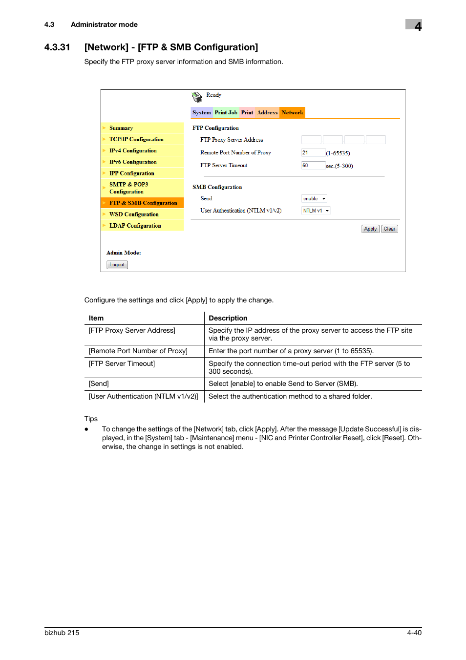 31 [network] - [ftp & smb configuration, Network] - [ftp & smb configuration] -40 | Konica Minolta Bizhub 215 User Manual | Page 80 / 93