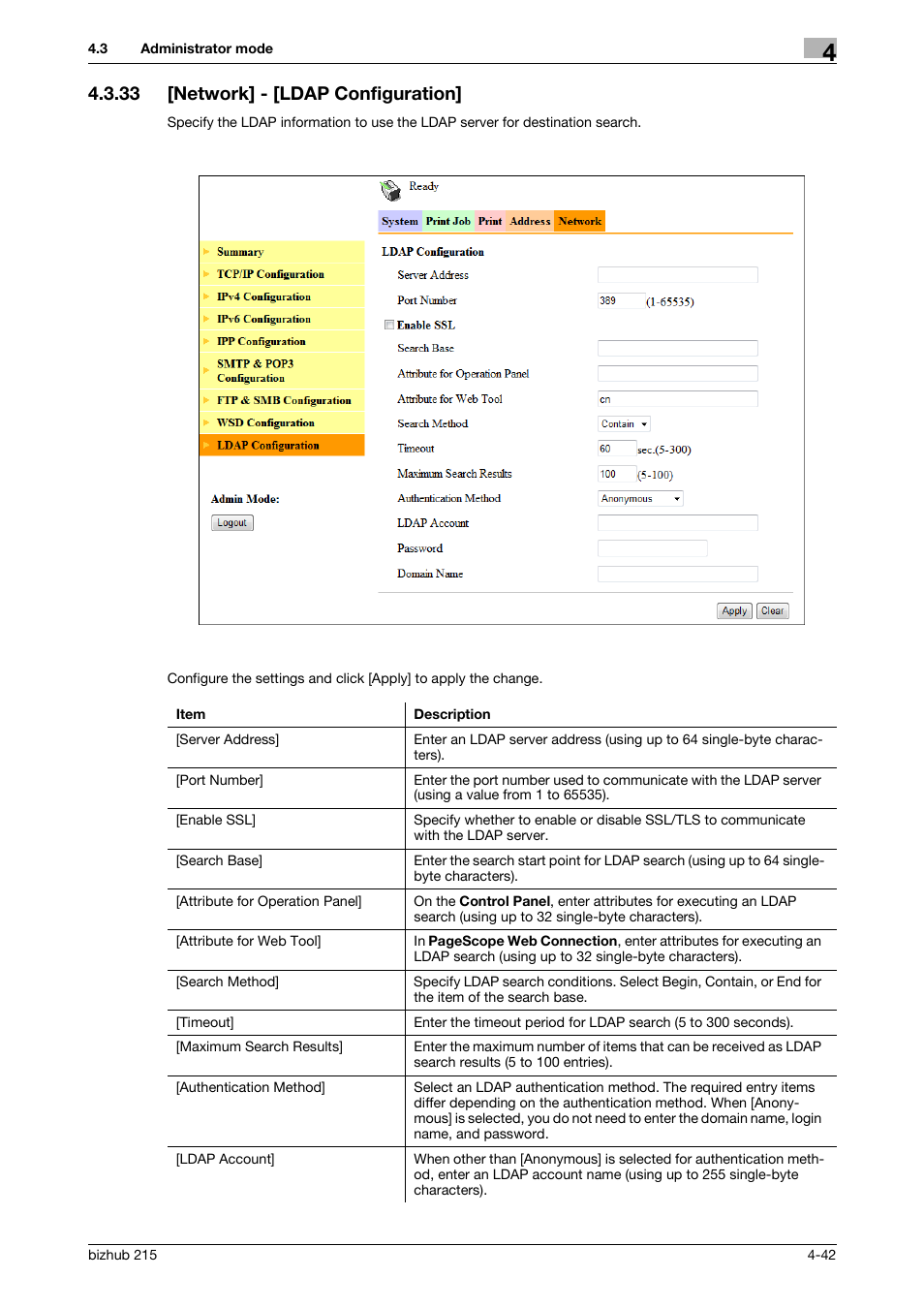 33 [network] - [ldap configuration, Network] - [ldap configuration] -42 | Konica Minolta Bizhub 215 User Manual | Page 82 / 93