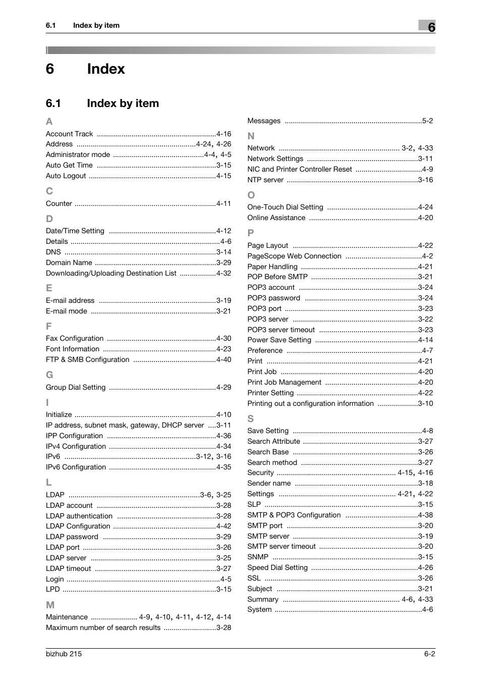 6 index, 1 index by item, Index | Index by item -2, 6index | Konica Minolta Bizhub 215 User Manual | Page 89 / 93