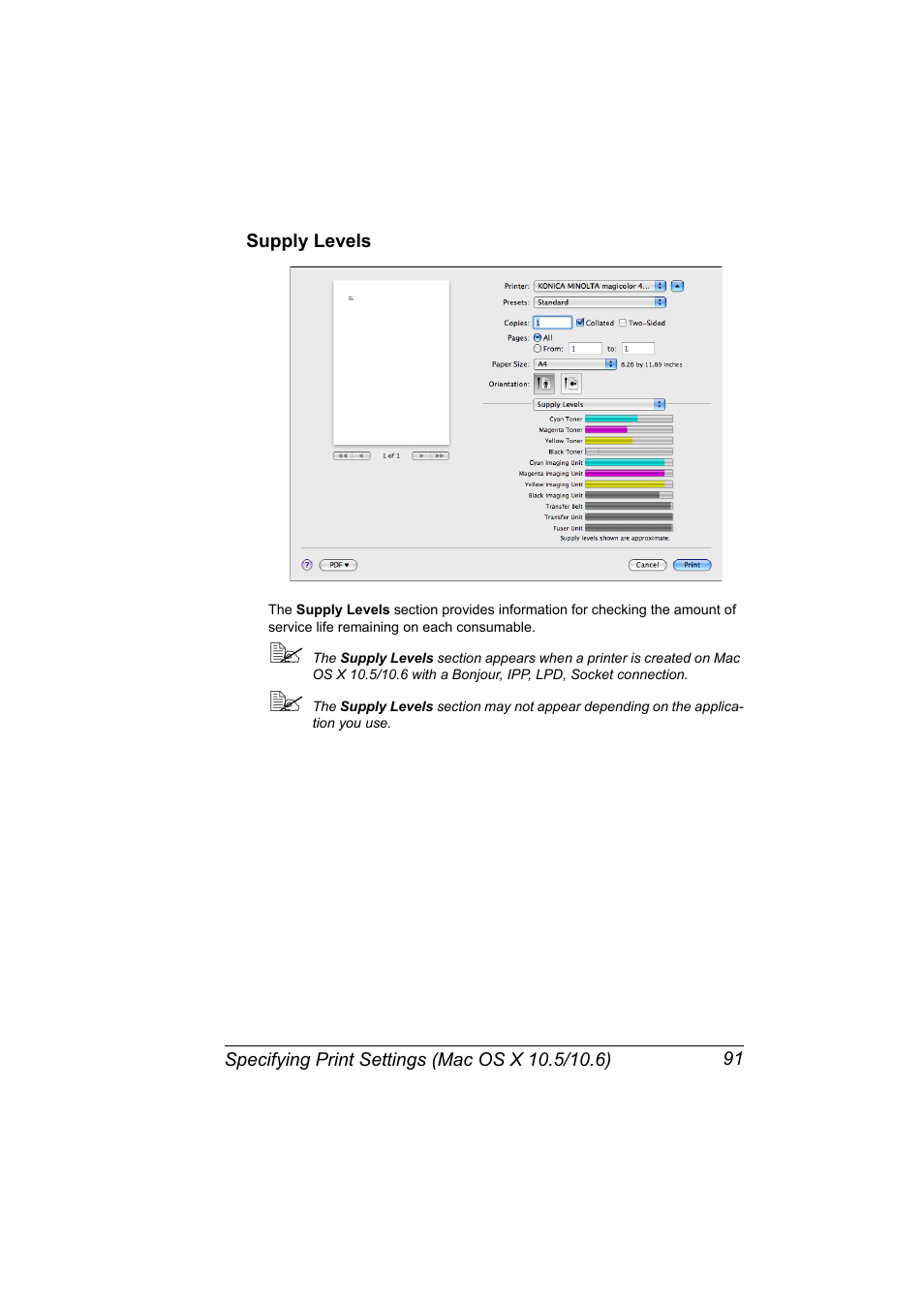 Supply levels, Supply levels 91 | Konica Minolta magicolor 4690MF User Manual | Page 107 / 312