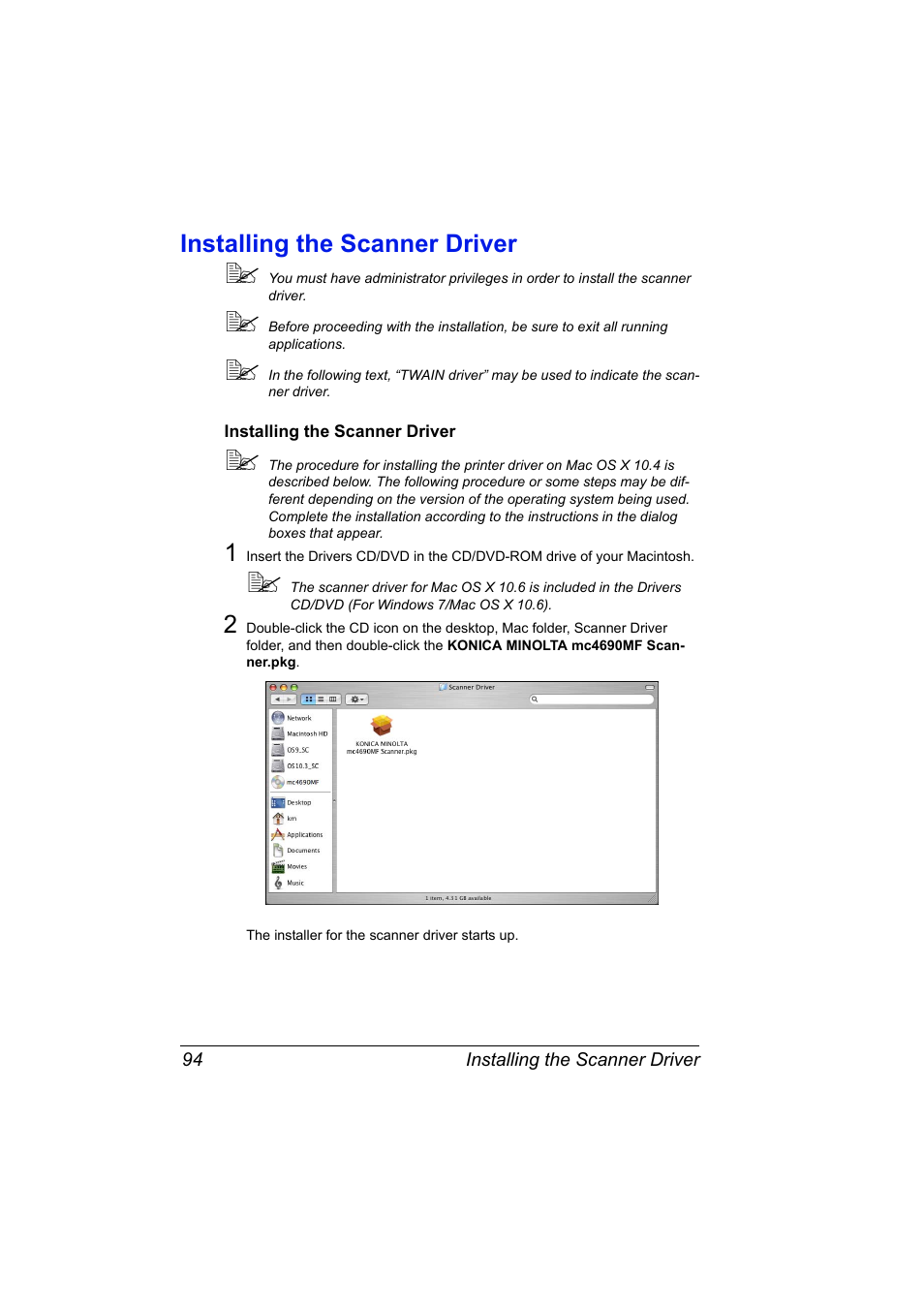 Installing the scanner driver, Installing the scanner driver 94 | Konica Minolta magicolor 4690MF User Manual | Page 110 / 312