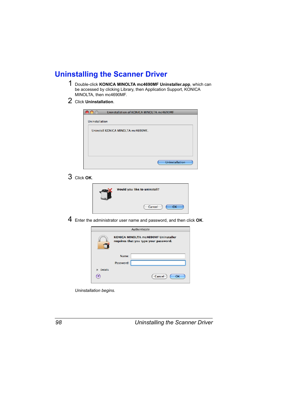 Uninstalling the scanner driver, Uninstalling the scanner driver 98, Uninstalling the scanner driver 1 | Konica Minolta magicolor 4690MF User Manual | Page 114 / 312