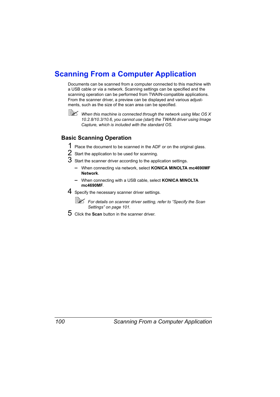 Scanning from a computer application, Basic scanning operation, Scanning from a computer application 100 | Basic scanning operation 100 | Konica Minolta magicolor 4690MF User Manual | Page 116 / 312