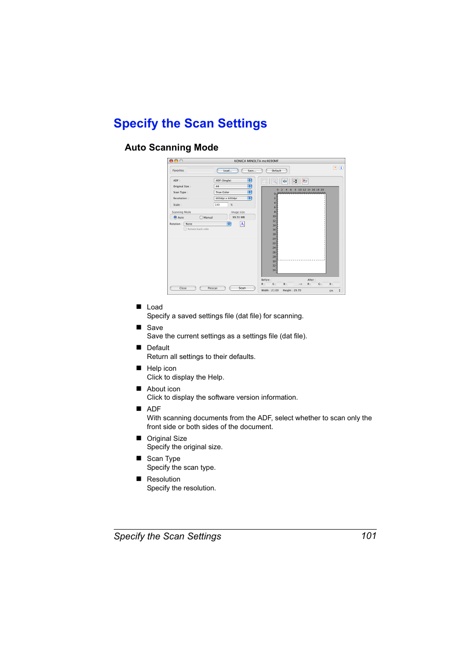 Specify the scan settings, Auto scanning mode, Specify the scan settings 101 | Auto scanning mode 101 | Konica Minolta magicolor 4690MF User Manual | Page 117 / 312