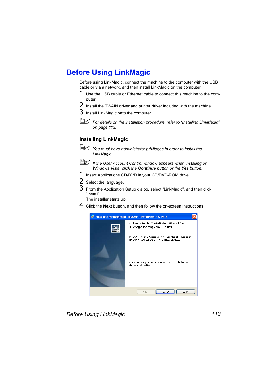 Before using linkmagic, Installing linkmagic, Before using linkmagic 113 | Installing linkmagic 113 | Konica Minolta magicolor 4690MF User Manual | Page 129 / 312