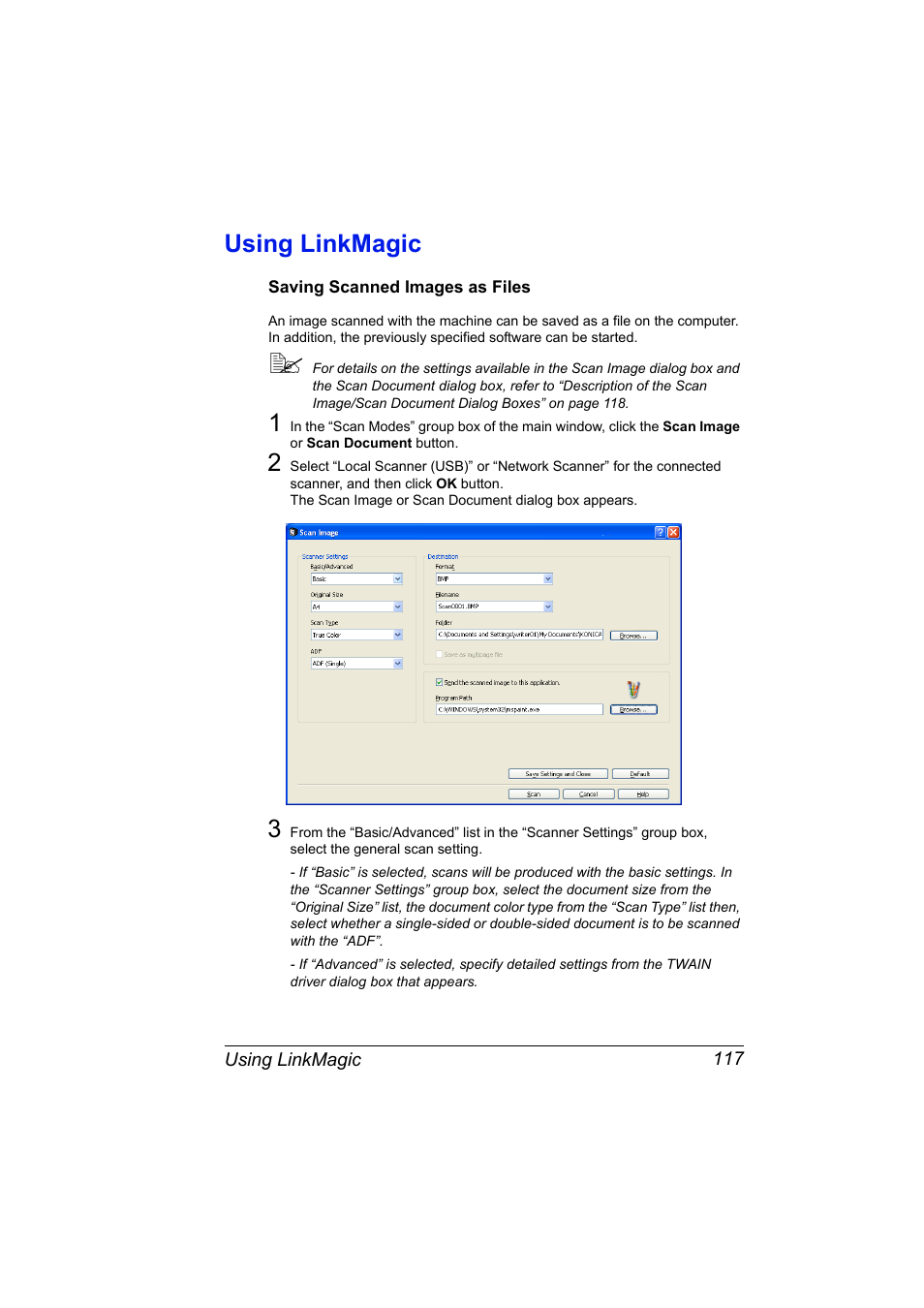 Using linkmagic, Saving scanned images as files, Using linkmagic 117 | Saving scanned images as files 117 | Konica Minolta magicolor 4690MF User Manual | Page 133 / 312