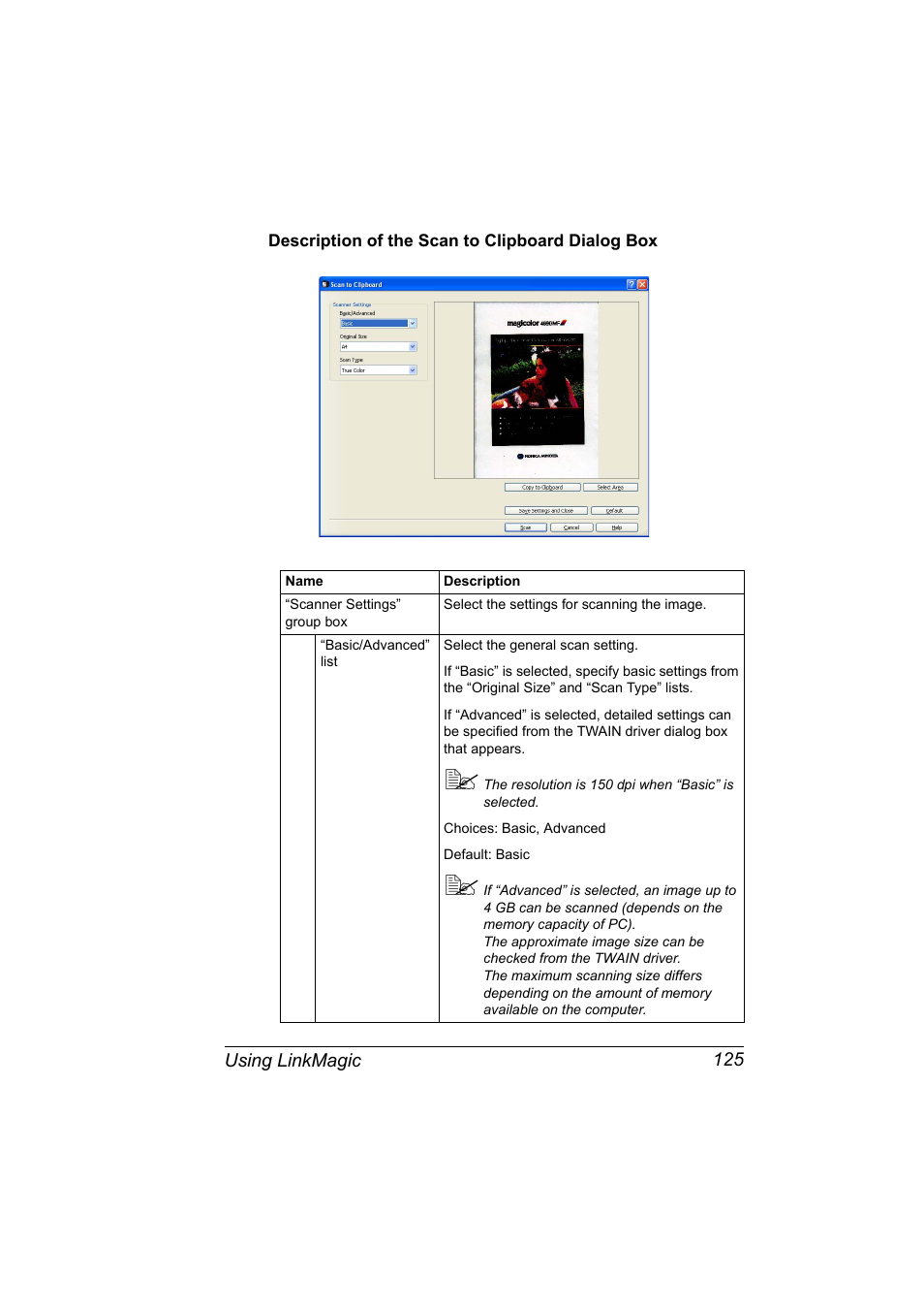 Description of the scan to clipboard dialog box | Konica Minolta magicolor 4690MF User Manual | Page 141 / 312