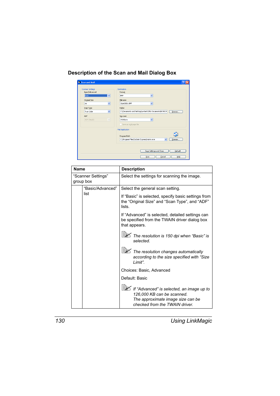 Description of the scan and mail dialog box, Description of the scan and mail dialog box 130 | Konica Minolta magicolor 4690MF User Manual | Page 146 / 312