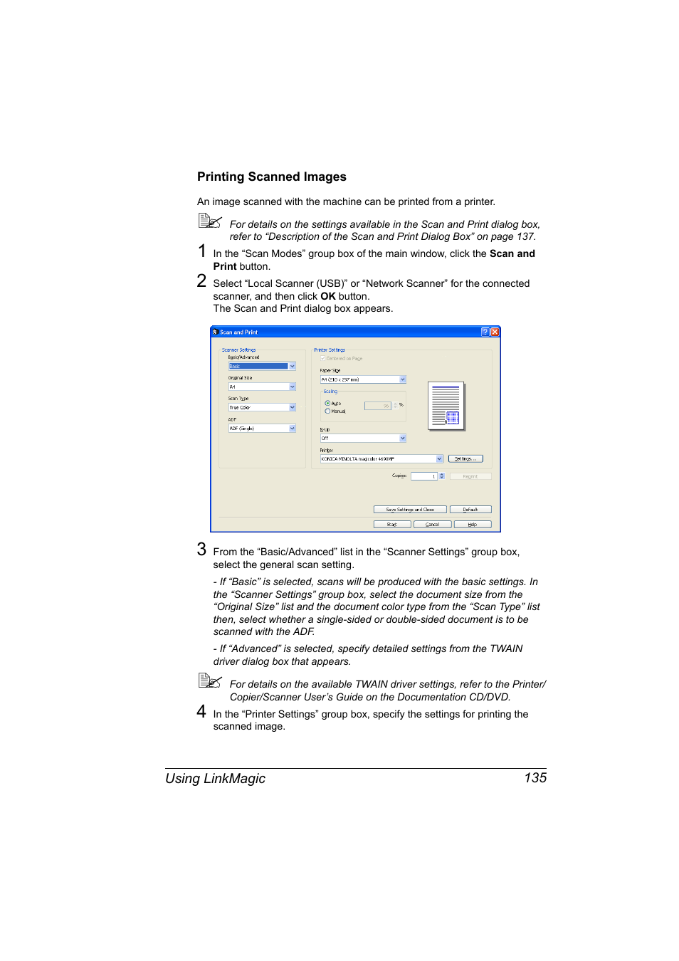 Printing scanned images, Printing scanned images 135 | Konica Minolta magicolor 4690MF User Manual | Page 151 / 312