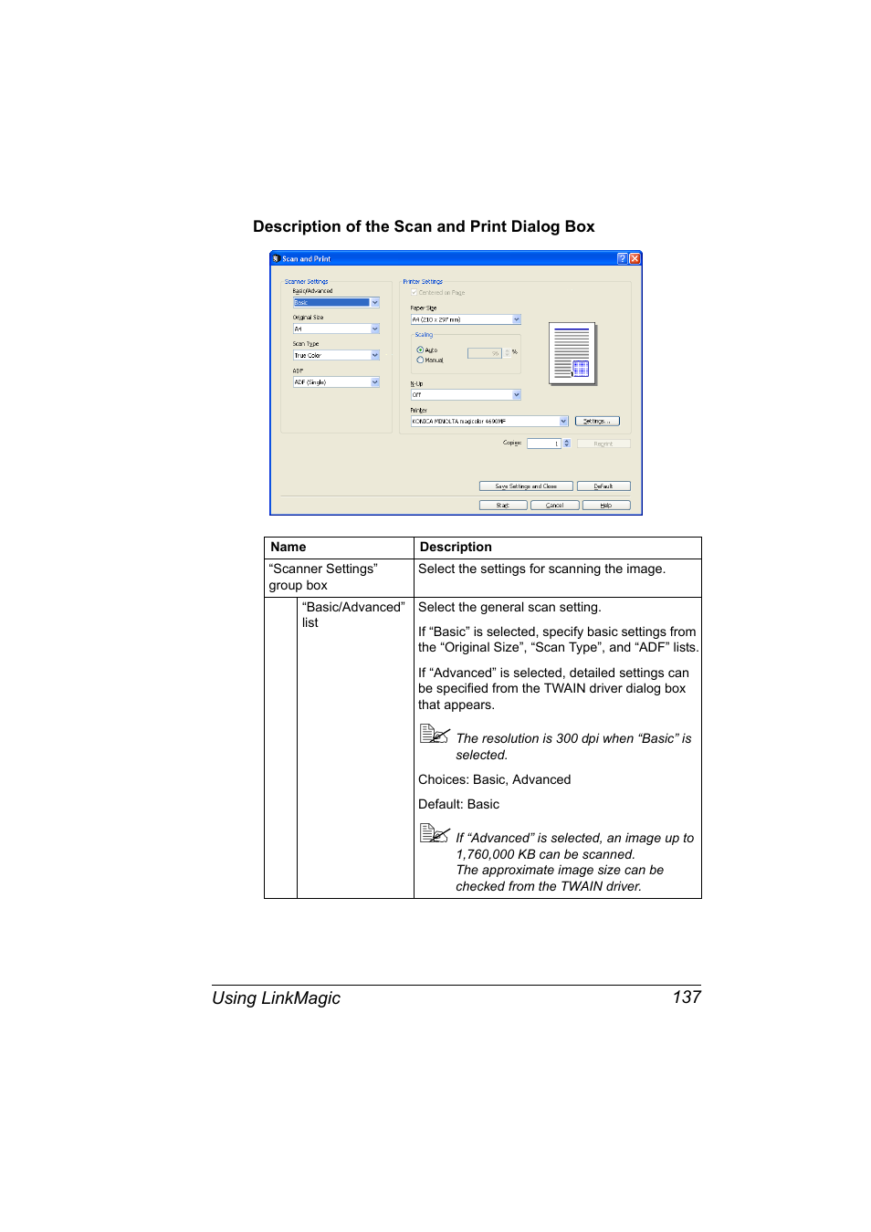 Description of the scan and print dialog box, Description of the scan and print dialog box 137 | Konica Minolta magicolor 4690MF User Manual | Page 153 / 312