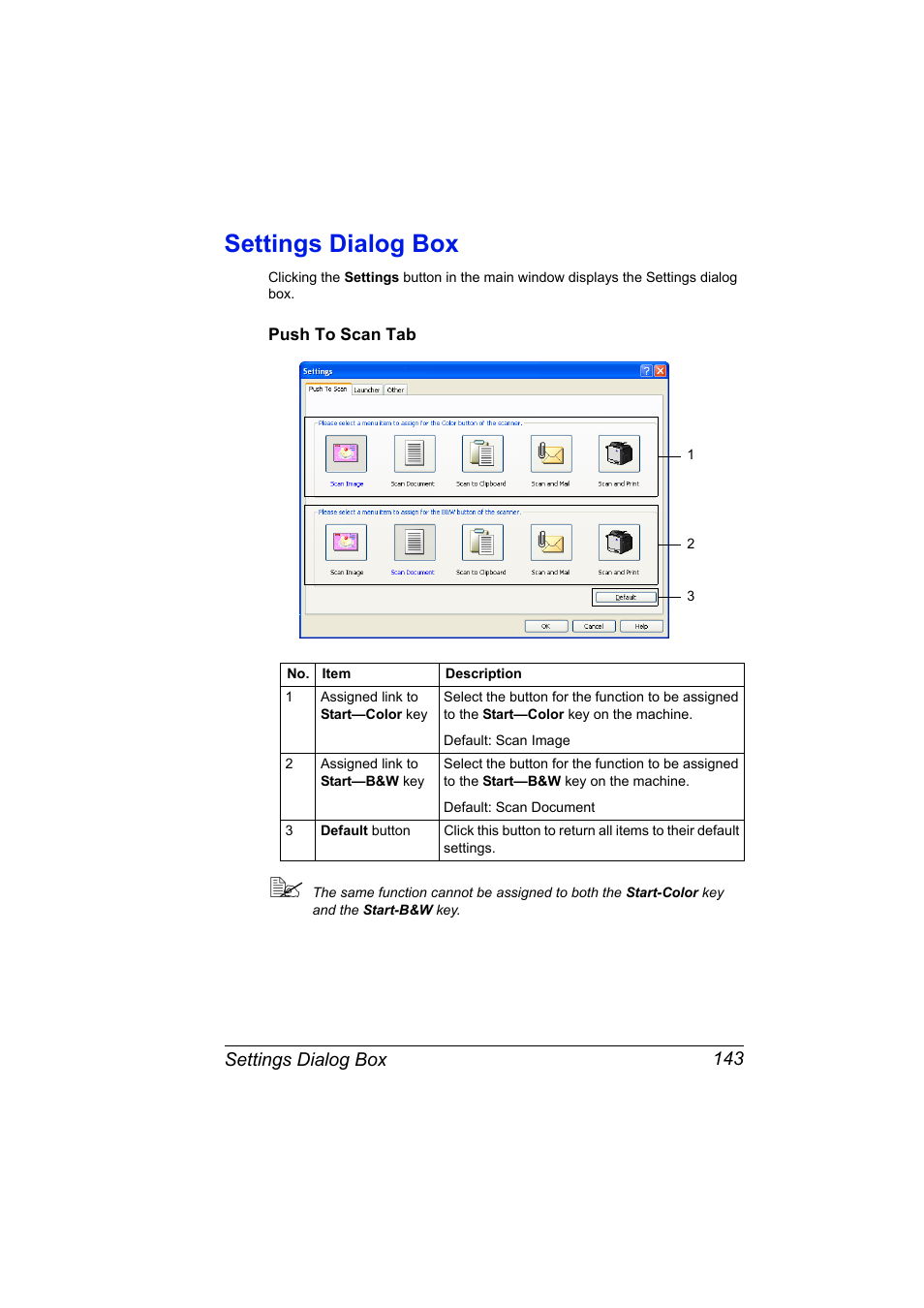 Settings dialog box, Push to scan tab, Settings dialog box 143 | Push to scan tab 143 | Konica Minolta magicolor 4690MF User Manual | Page 159 / 312