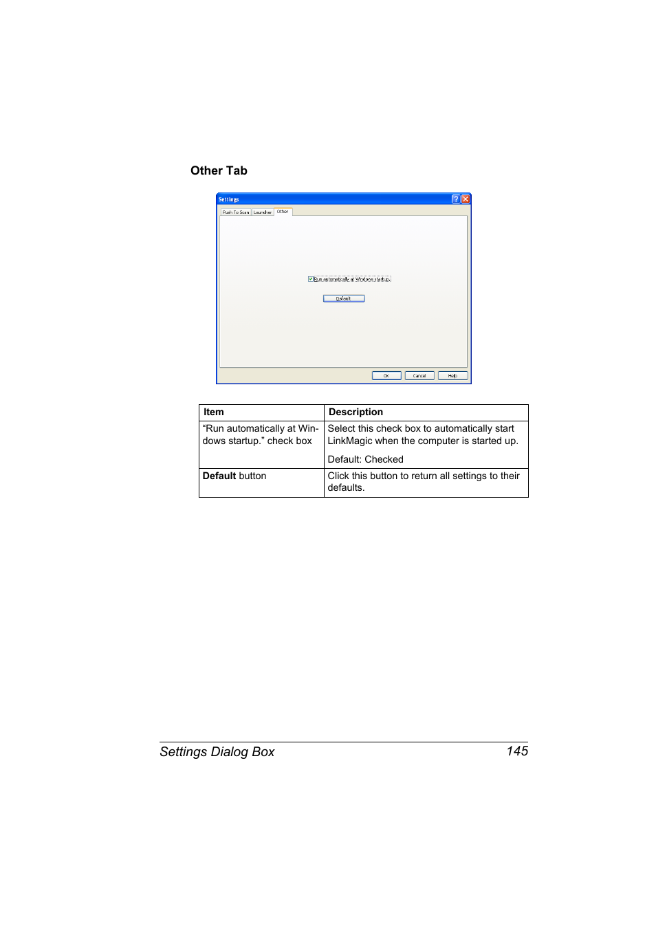 Other tab, Other tab 145, Settings dialog box 145 | Konica Minolta magicolor 4690MF User Manual | Page 161 / 312