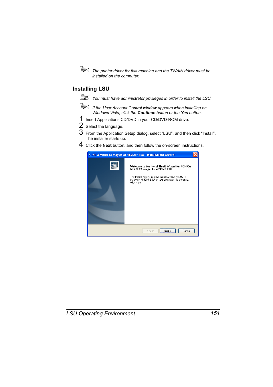 Installing lsu, Installing lsu 151 | Konica Minolta magicolor 4690MF User Manual | Page 167 / 312