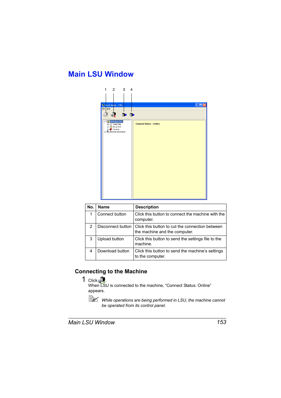 Main lsu window, Connecting to the machine, Main lsu window 153 | Connecting to the machine 153 | Konica Minolta magicolor 4690MF User Manual | Page 169 / 312
