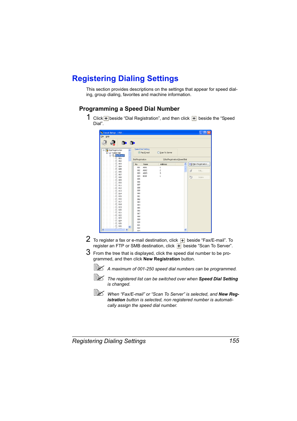 Registering dialing settings, Programming a speed dial number, Registering dialing settings 155 | Programming a speed dial number 155 | Konica Minolta magicolor 4690MF User Manual | Page 171 / 312