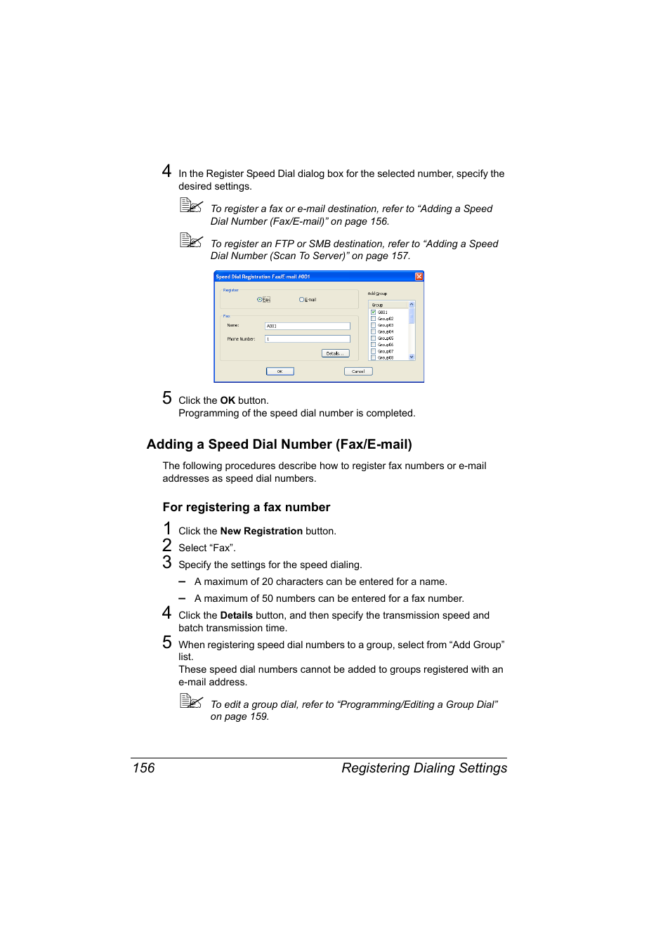 Adding a speed dial number (fax/e-mail), For registering a fax number, Adding a speed dial number (fax/e-mail) 156 | For registering a fax number 156 | Konica Minolta magicolor 4690MF User Manual | Page 172 / 312