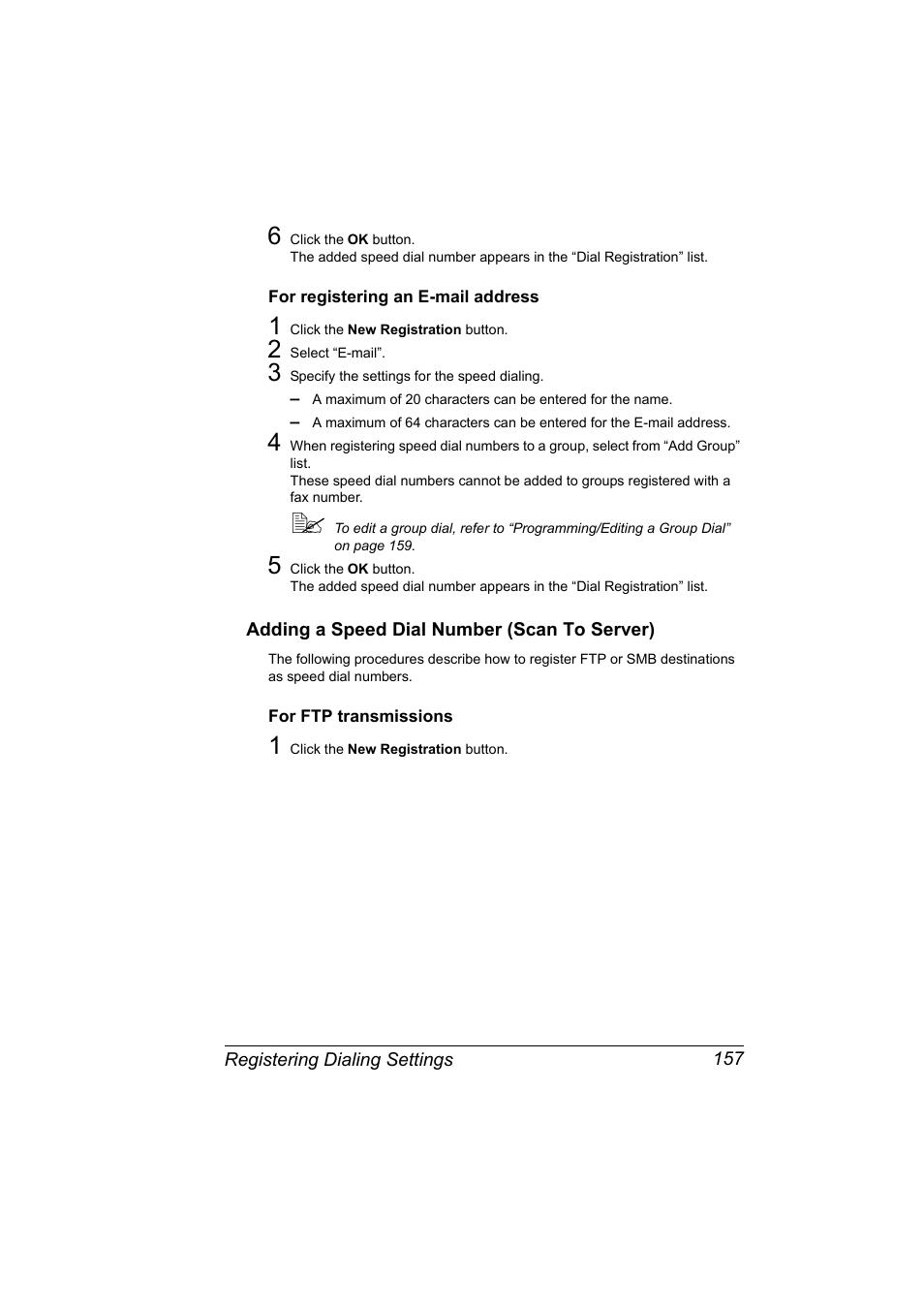 For registering an e-mail address, Adding a speed dial number (scan to server), For ftp transmissions | For registering an e-mail address 157, Adding a speed dial number (scan to server) 157, For ftp transmissions 157 | Konica Minolta magicolor 4690MF User Manual | Page 173 / 312