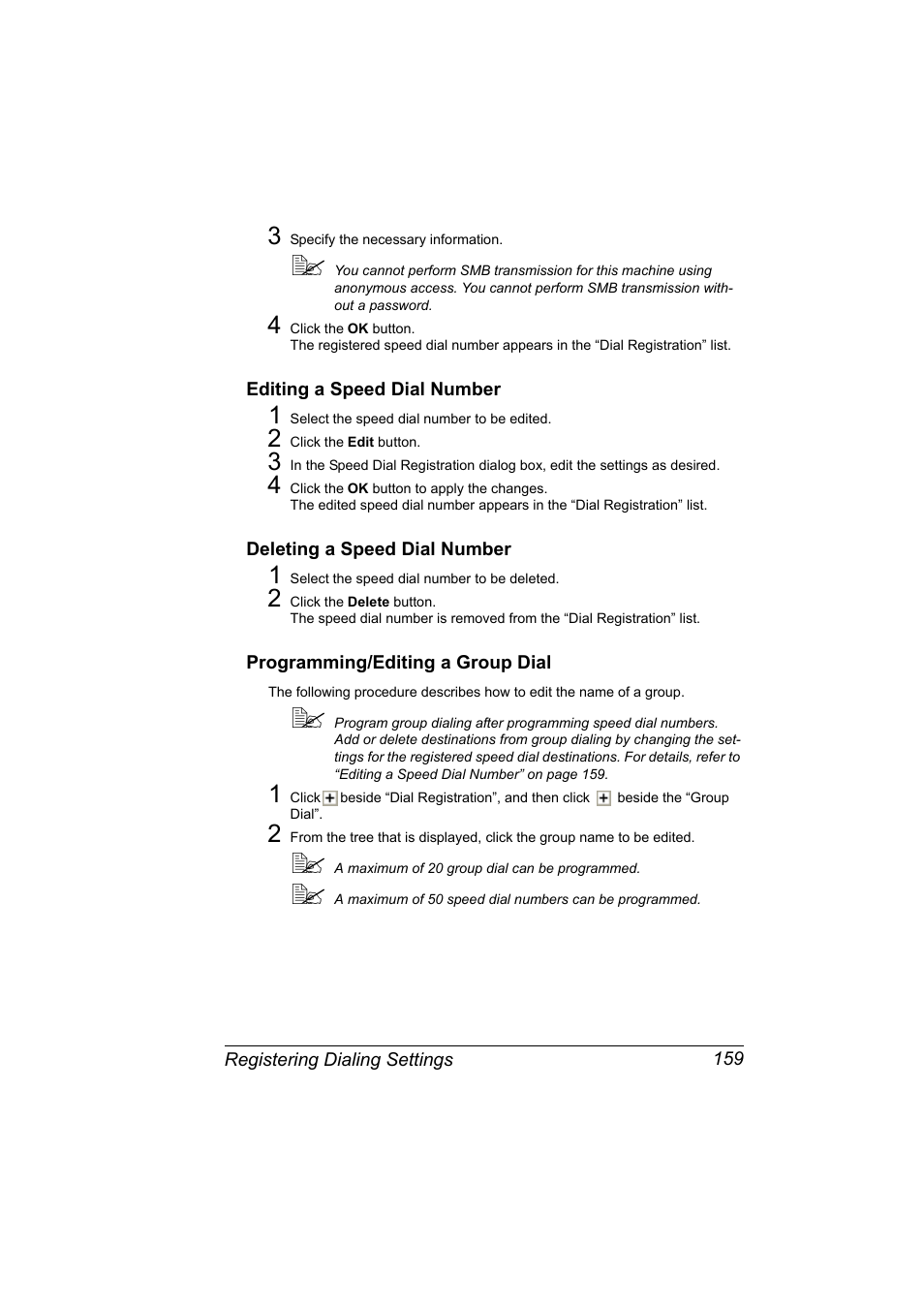 Editing a speed dial number, Deleting a speed dial number, Programming/editing a group dial | Konica Minolta magicolor 4690MF User Manual | Page 175 / 312