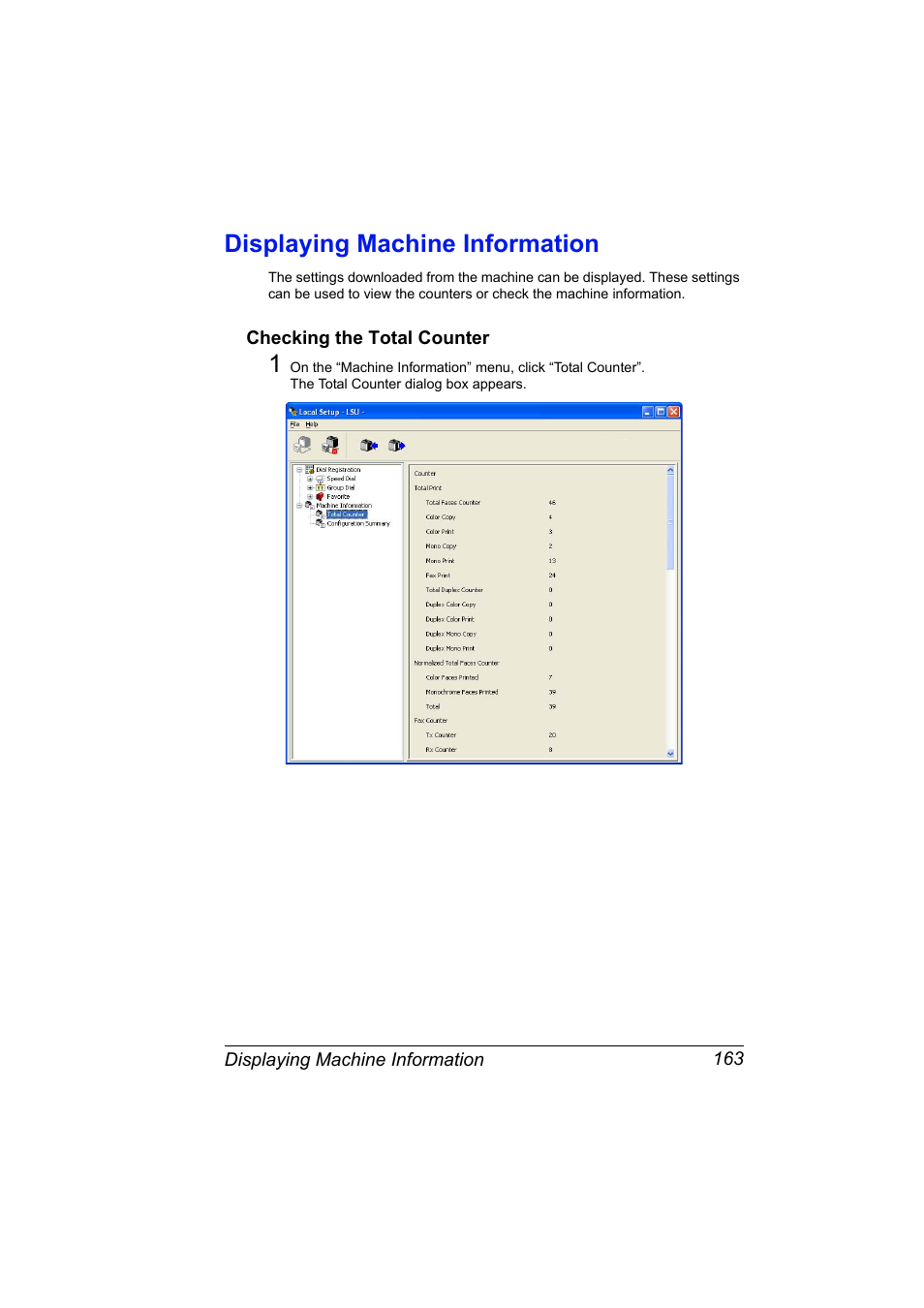 Displaying machine information, Checking the total counter, Displaying machine information 163 | Checking the total counter 163 | Konica Minolta magicolor 4690MF User Manual | Page 179 / 312