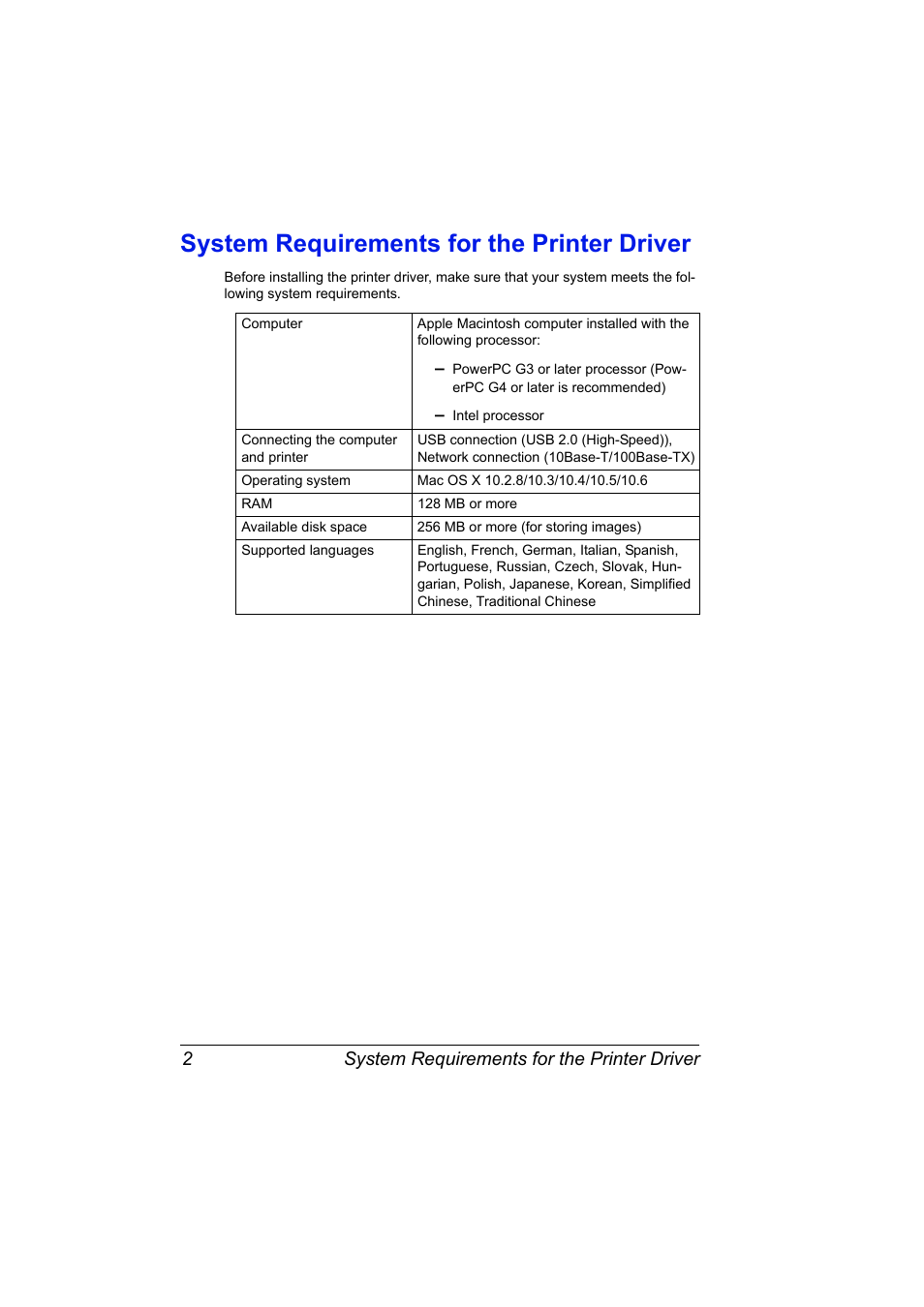 System requirements for the printer driver, System requirements for the printer driver 2 | Konica Minolta magicolor 4690MF User Manual | Page 18 / 312