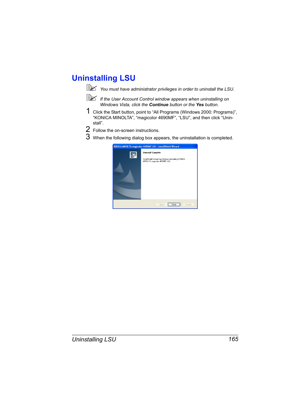 Uninstalling lsu, Uninstalling lsu 165 | Konica Minolta magicolor 4690MF User Manual | Page 181 / 312