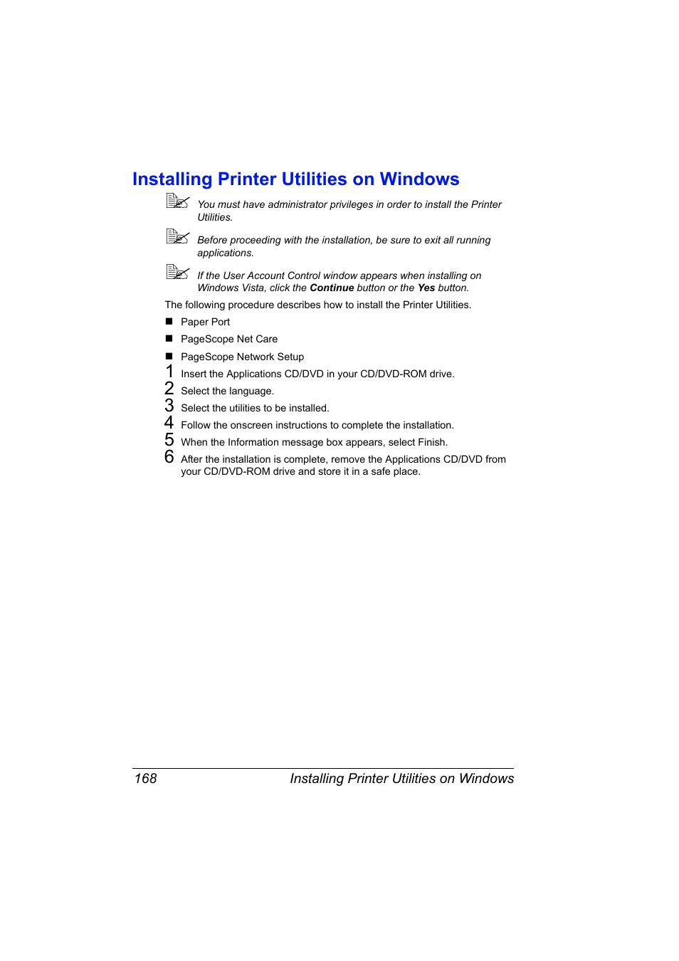 Installing printer utilities on windows, Installing printer utilities on windows 168 | Konica Minolta magicolor 4690MF User Manual | Page 184 / 312